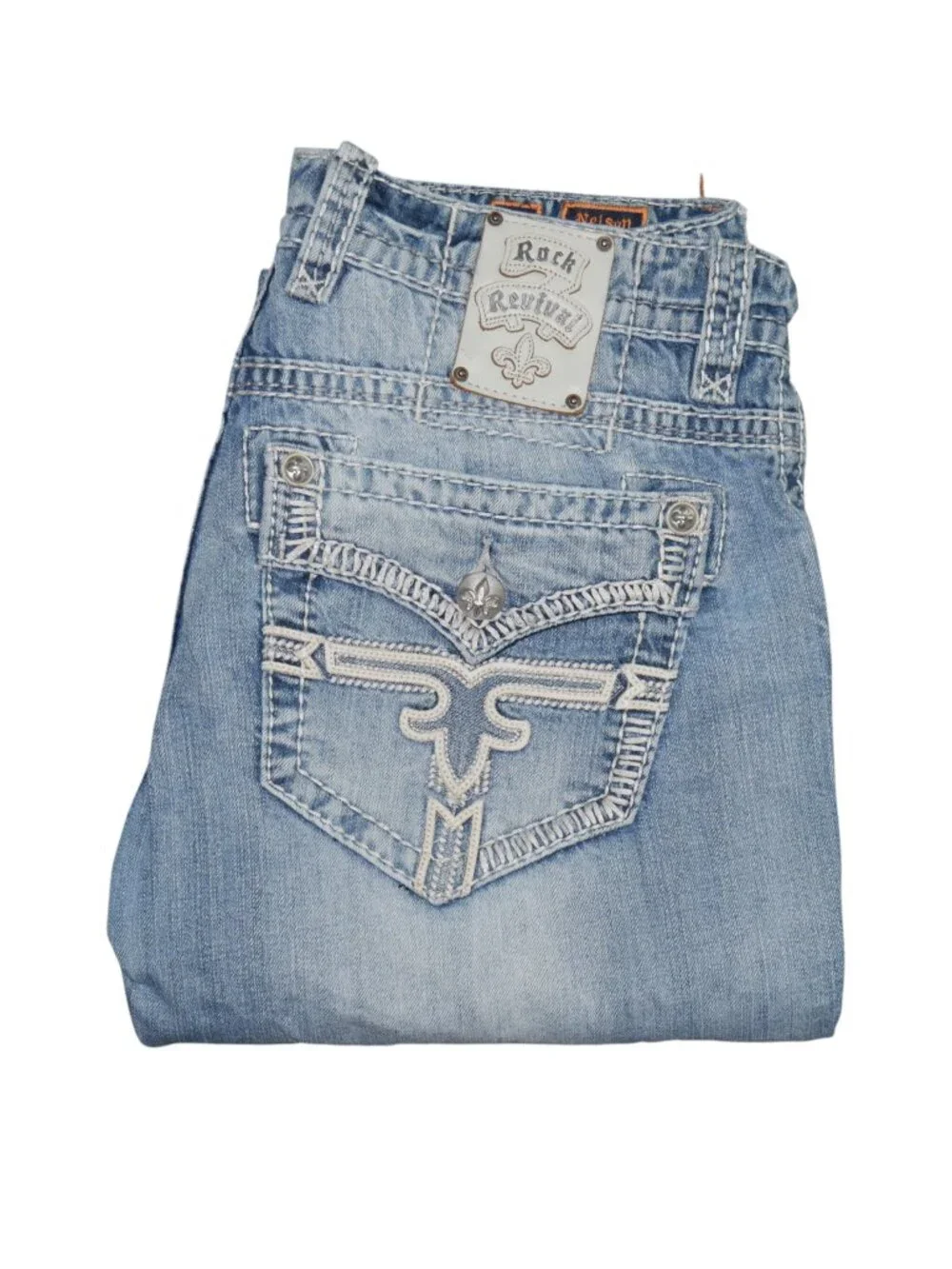 Rock Revival Nelson Bootcut Jeans Men 36x34 Light Wash Distressed Thick Stitched